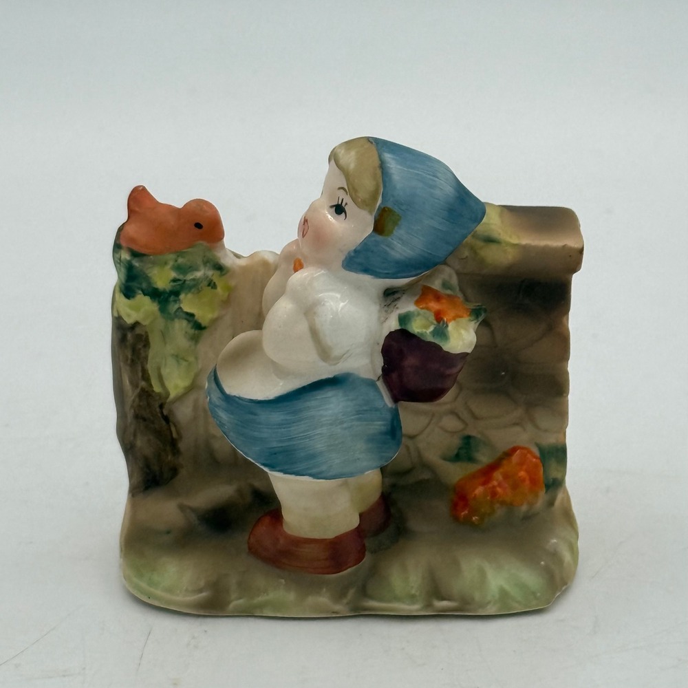 Vintage Porcelain Girl with Bird Figurine 4506 Blue Bonnet Hand Painted 3 Inch